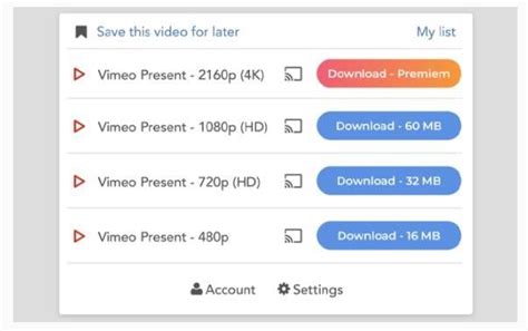 Download videos from web sites or just collect them in your video list without downloading them. Video Downloader professional - download and save videos playing on a website to hard disk - select between different resolutions if the site supports it ( e.g. at Vimeo) - play found MP4 videos via Google Chromecast on your TV or play it on your Google Home. - add videos easily to your video list. 